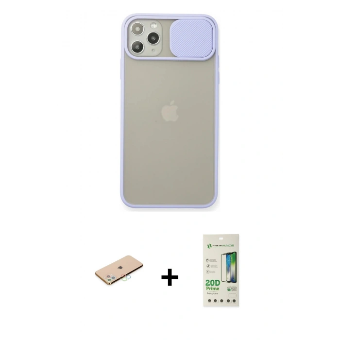 MARSİLYAN™- iPhone 11 Pro Max Kılıf Vadi Çizgi - Siyah 20D Premium Cam Ekran Koruyucu + Mavi Renkli Kamera Lens Koruma Cam