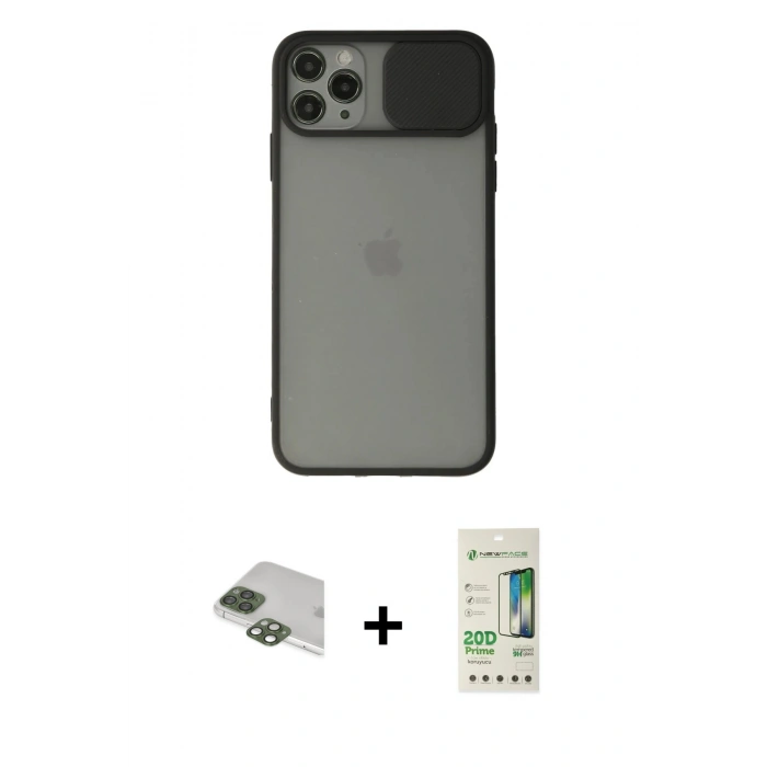 MARSİLYAN™- iPhone 11 Pro Max Kılıf Vadi Çizgi - Siyah 20D Premium Cam Ekran Koruyucu + Pers Alüminyum Kamera Lens - YL
