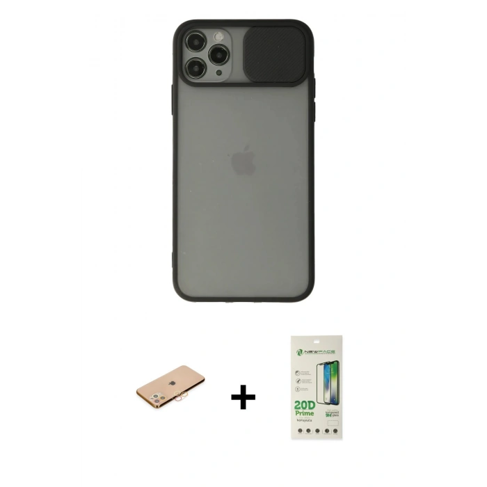 MARSİLYAN™- iPhone 11 Pro Max Kılıf Vadi Çizgi - Siyah 20D Premium Cam Ekran Koruyucu + Renkli Kamera Lens Koruma Cam - TU