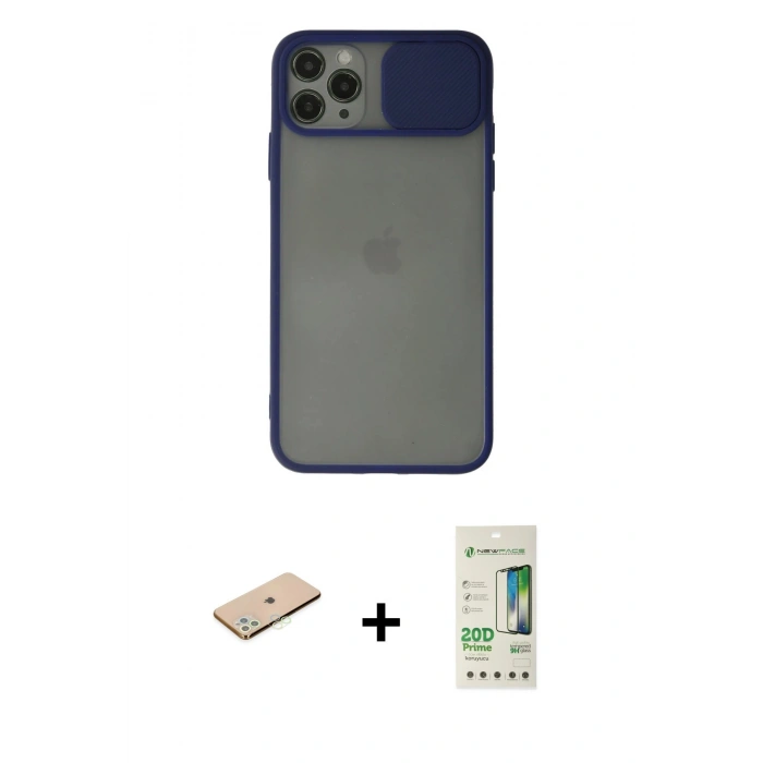 MARSİLYAN™- iPhone 11 Pro Max Kılıf Vadi Çizgi - Siyah 20D Premium Cam Ekran Koruyucu + Renkli Kamera Lens Koruma Cam - YL