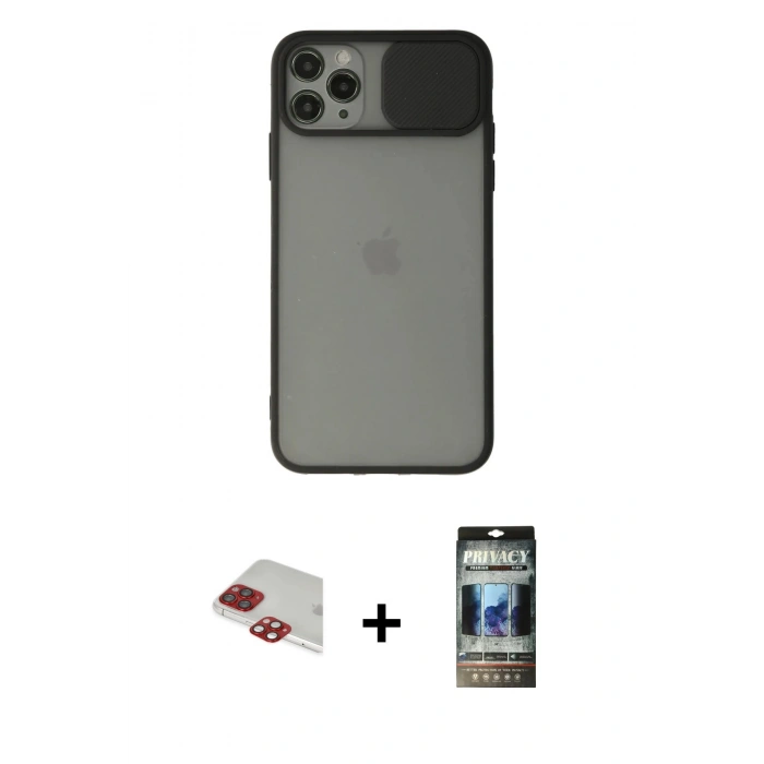 MARSİLYAN™- iPhone 11 Pro Max Kılıf Vadi Çizgi - Siyah 34D Hayalet Izgaralı Cam + Pers Alüminyum Kamera Lens - KI