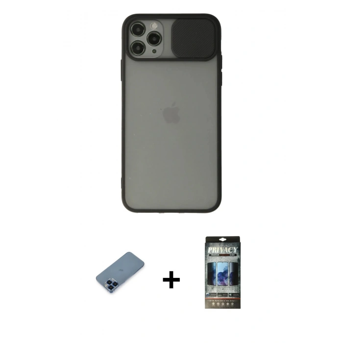 MARSİLYAN™- iPhone 11 Pro Max Kılıf Vadi Çizgi - Siyah 34D Hayalet Izgaralı Cam + Metal Kamera Lens Koruma Cam - MI