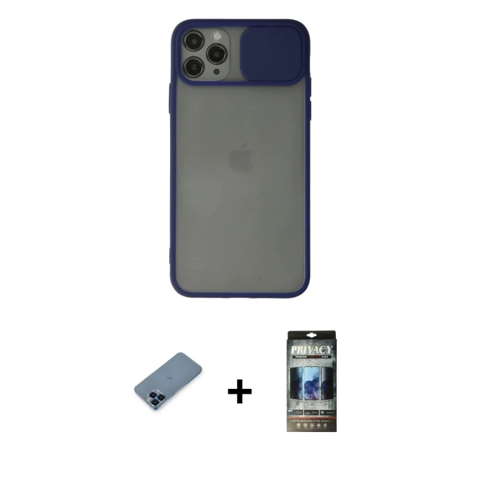 MARSİLYAN™- iPhone 11 Pro Max Kılıf Vadi Çizgi - Siyah 34D Hayalet Izgaralı Cam + Metal Kamera Lens Koruma Cam - MI