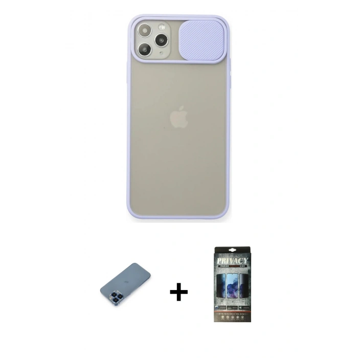 MARSİLYAN™- iPhone 11 Pro Max Kılıf Vadi Çizgi - Siyah 34D Hayalet Izgaralı Cam + Metal Kamera Lens Koruma Cam - MI