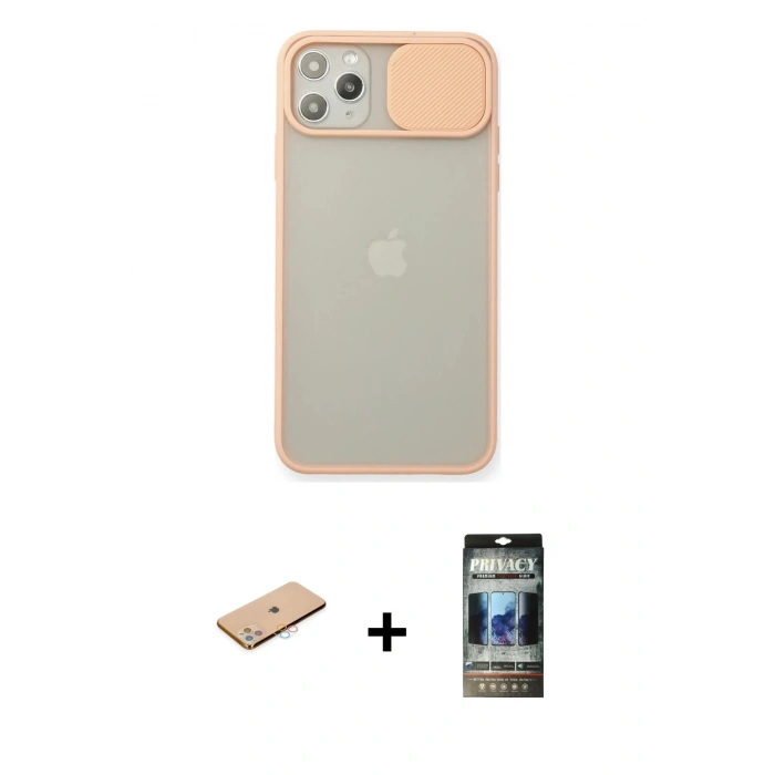 MARSİLYAN™- iPhone 11 Pro Max Kılıf Vadi Çizgi - Siyah 34D Hayalet Izgaralı Cam + Pembe Renkli Kamera Lens Koruma Cam