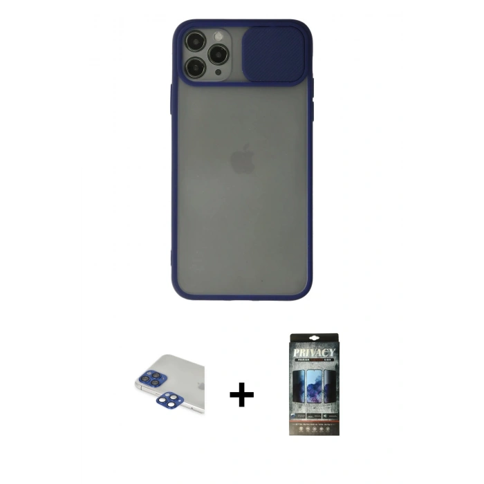 MARSİLYAN™- iPhone 11 Pro Max Kılıf Vadi Çizgi - Siyah 34D Hayalet Izgaralı Cam + Pers Alüminyum Kamera Lens - LT