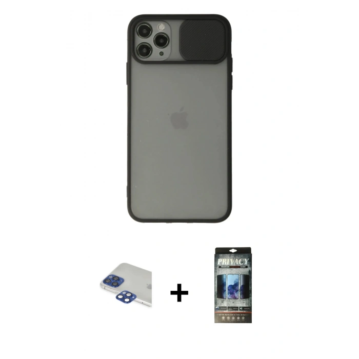 MARSİLYAN™- iPhone 11 Pro Max Kılıf Vadi Çizgi - Siyah 34D Hayalet Izgaralı Cam + Pers Alüminyum Kamera Lens - LT