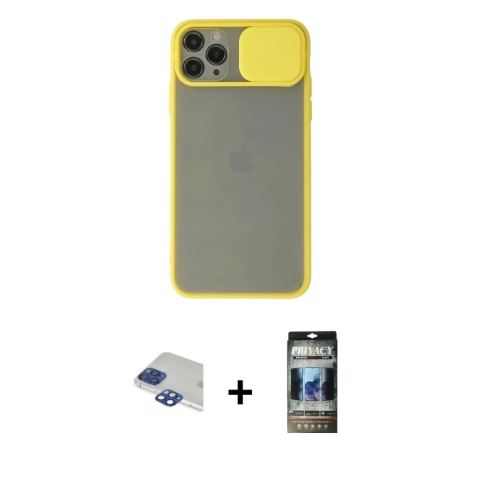 MARSİLYAN™- iPhone 11 Pro Max Kılıf Vadi Çizgi - Siyah 34D Hayalet Izgaralı Cam + Pers Alüminyum Kamera Lens - LT