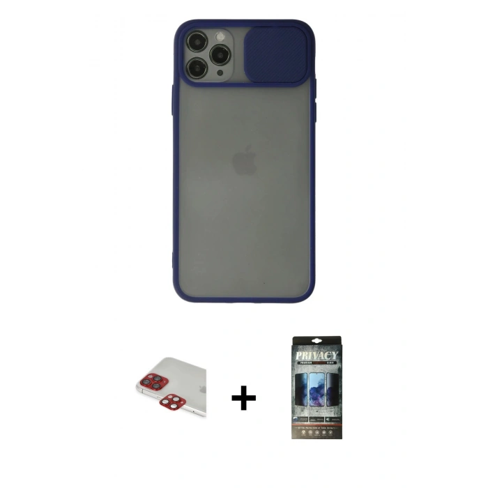 MARSİLYAN™- iPhone 11 Pro Max Kılıf Vadi Çizgi - Siyah 34D Hayalet Izgaralı Cam + Pers Alüminyum Kamera Lens - KI