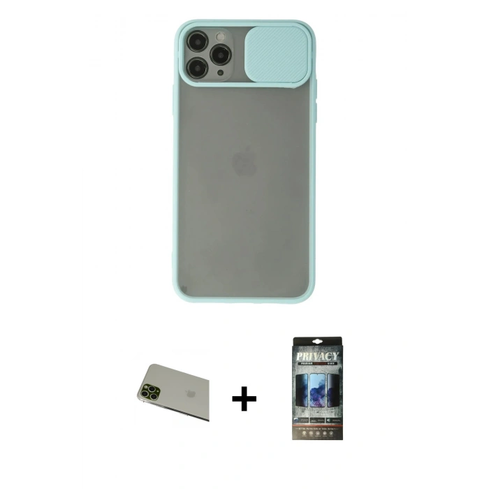 MARSİLYAN™- iPhone 11 Pro Max Kılıf Vadi Çizgi - Siyah 34D Hayalet Izgaralı Cam + Rainbow Kamera Lens Koruma Cam - YL