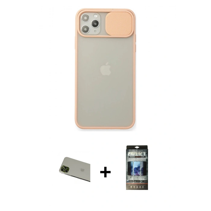 MARSİLYAN™- iPhone 11 Pro Max Kılıf Vadi Çizgi - Siyah 34D Hayalet Izgaralı Cam + Rainbow Kamera Lens Koruma Cam - YL