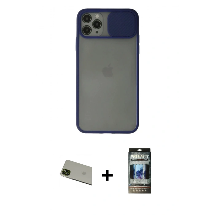 MARSİLYAN™- iPhone 11 Pro Max Kılıf Vadi Çizgi - Siyah 34D Hayalet Izgaralı Cam + Rainbow Kamera Lens Koruma Cam - YL