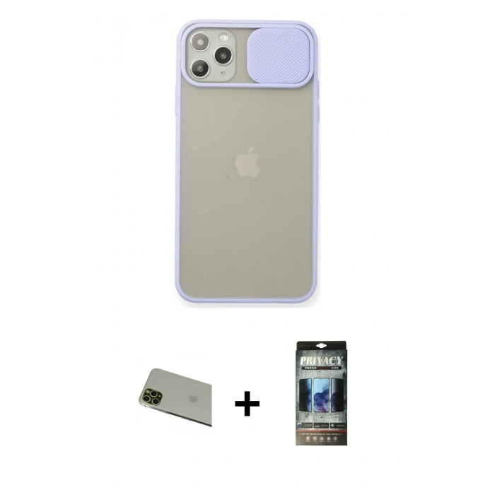 MARSİLYAN™- iPhone 11 Pro Max Kılıf Vadi Çizgi - Siyah 34D Hayalet Izgaralı Cam + Rainbow Kamera Lens Koruma Cam - YL
