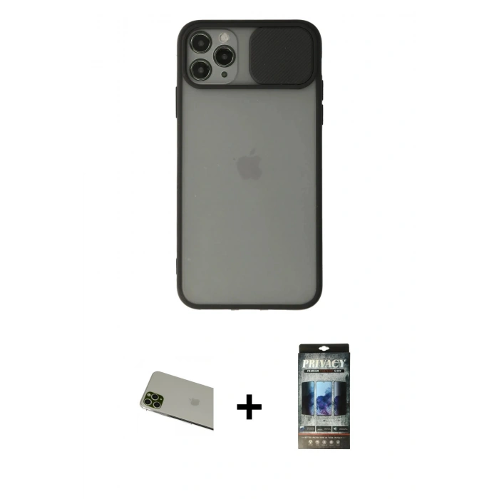 MARSİLYAN™- iPhone 11 Pro Max Kılıf Vadi Çizgi - Siyah 34D Hayalet Izgaralı Cam + Rainbow Kamera Lens Koruma Cam - YL