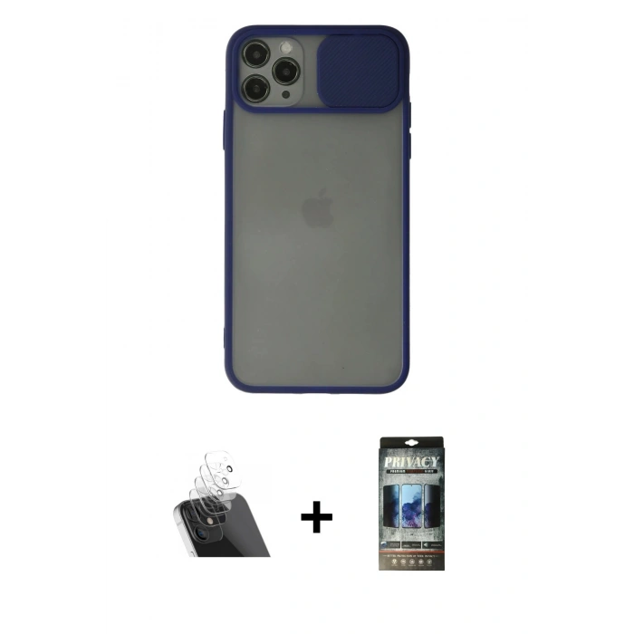 MARSİLYAN™- iPhone 11 Pro Max Kılıf Vadi Çizgi - Siyah 34D Hayalet Izgaralı Cam + Şeffaf Kamera Lens Koruma Cam