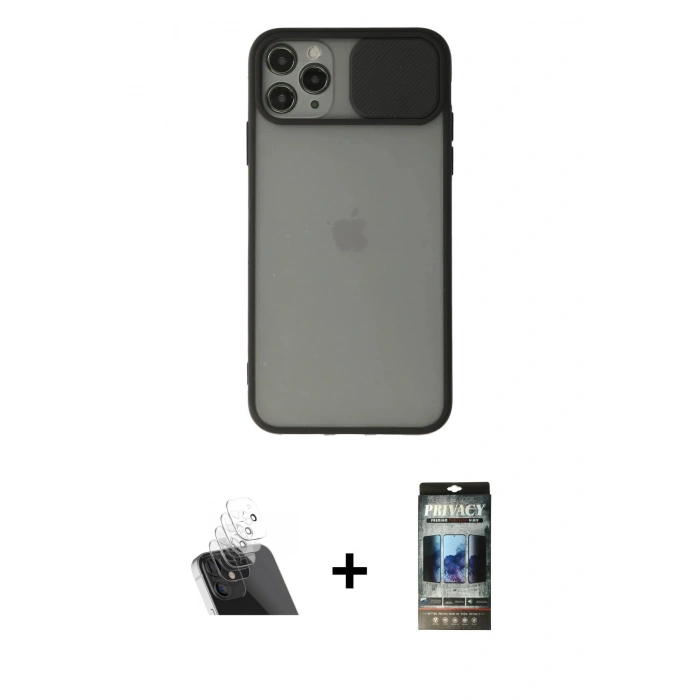MARSİLYAN™- iPhone 11 Pro Max Kılıf Vadi Çizgi - Siyah 34D Hayalet Izgaralı Cam + Şeffaf Kamera Lens Koruma Cam