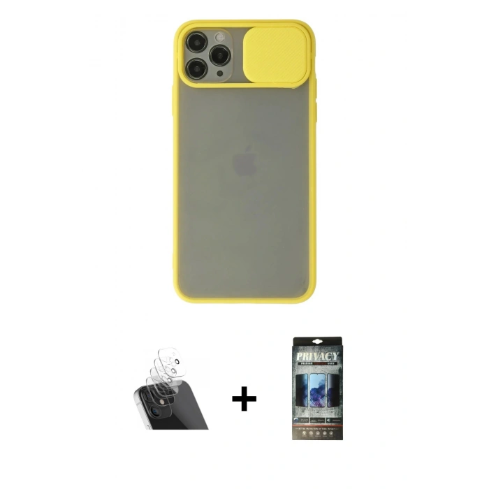 MARSİLYAN™- iPhone 11 Pro Max Kılıf Vadi Çizgi - Siyah 34D Hayalet Izgaralı Cam + Şeffaf Kamera Lens Koruma Cam