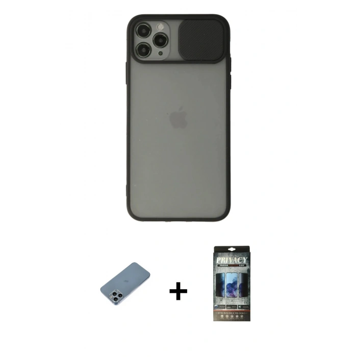 MARSİLYAN™- iPhone 11 Pro Max Kılıf Vadi Çizgi - Siyah 34D Hayalet Izgaralı Cam + Shine Kamera Lens Koruma Cam - SABE