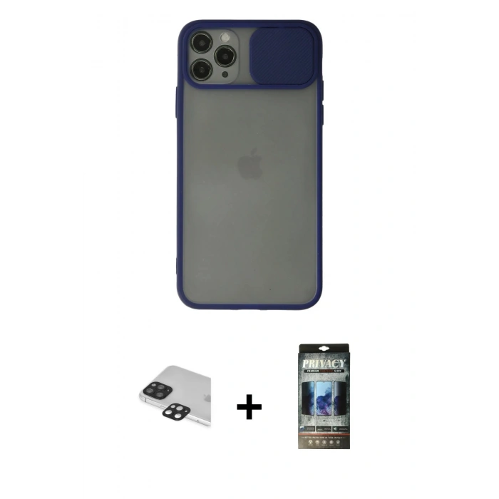 MARSİLYAN™- iPhone 11 Pro Max Kılıf Vadi Çizgi - Siyah 34D Hayalet Izgaralı Cam + Pers Alüminyum Kamera Lens - SH