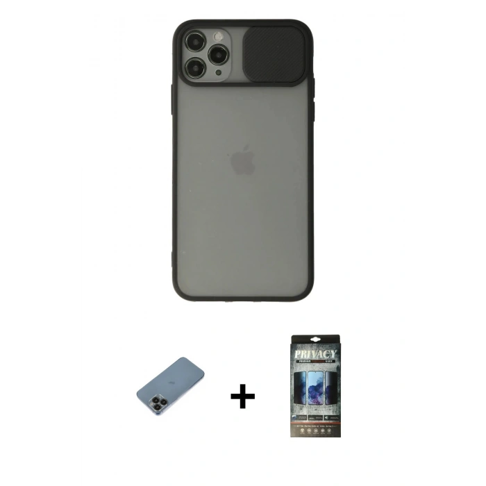 MARSİLYAN™- iPhone 11 Pro Max Kılıf Vadi Çizgi - Siyah 34D Hayalet Izgaralı Cam + Shine Kamera Lens Koruma Cam - SH