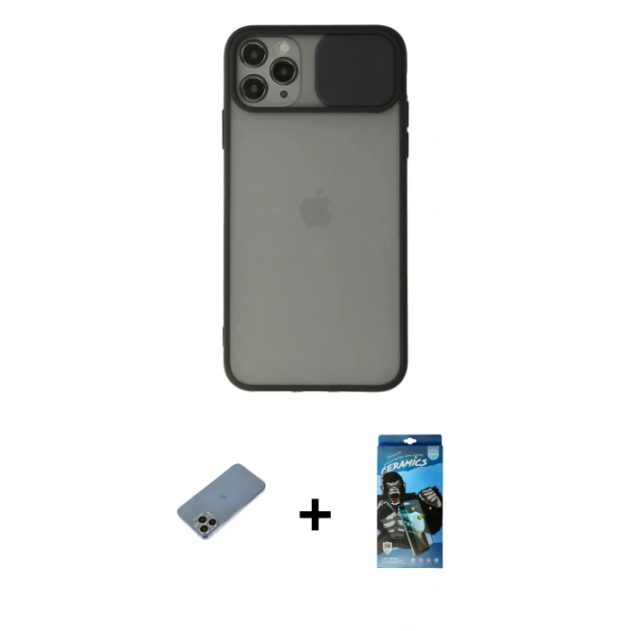 MARSİLYAN™- iPhone 11 Pro Max Kılıf Vadi Çizgi - Siyah 34D Izgaralı Cam + Shine Kamera Lens Koruma Cam - GI