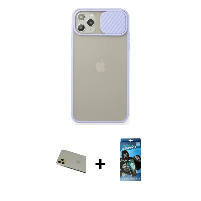 MARSİLYAN™- iPhone 11 Pro Max Kılıf Vadi Çizgi - Siyah 34D Izgaralı Cam + Rainbow Kamera Lens Koruma Cam - GD