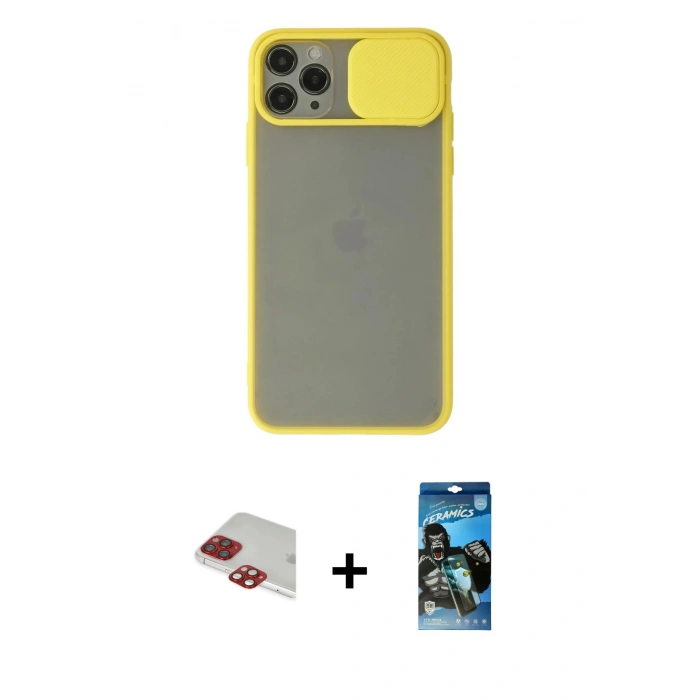 MARSİLYAN™- iPhone 11 Pro Max Kılıf Vadi Çizgi - Siyah 34D Izgaralı Cam + Kırmızı Pers Alüminyum Kamera Lens