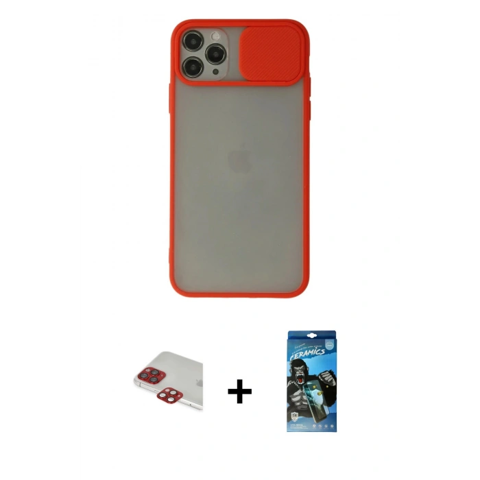 MARSİLYAN™- iPhone 11 Pro Max Kılıf Vadi Çizgi - Siyah 34D Izgaralı Cam + Kırmızı Pers Alüminyum Kamera Lens