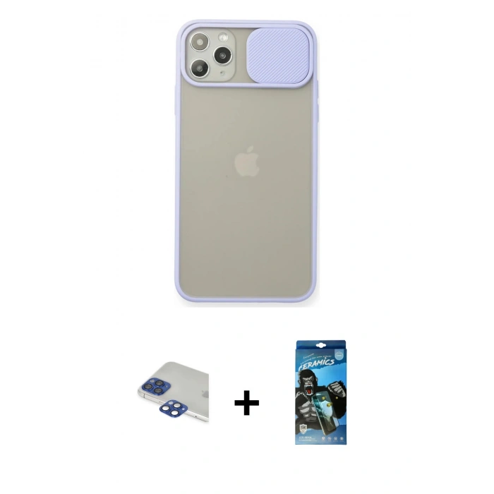 MARSİLYAN™- iPhone 11 Pro Max Kılıf Vadi Çizgi - Siyah 34D Izgaralı Cam + Pers Alüminyum Kamera Lens - LT