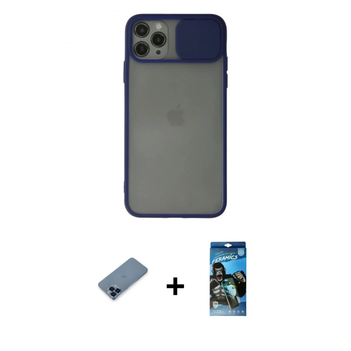 MARSİLYAN™- iPhone 11 Pro Max Kılıf Vadi Çizgi - Siyah 34D Izgaralı Cam + Metal Kamera Lens Koruma Cam - MI