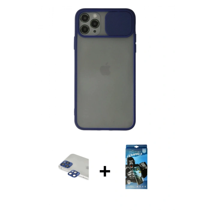 MARSİLYAN™- iPhone 11 Pro Max Kılıf Vadi Çizgi - Siyah 34D Izgaralı Cam + Pers Alüminyum Kamera Lens - LT