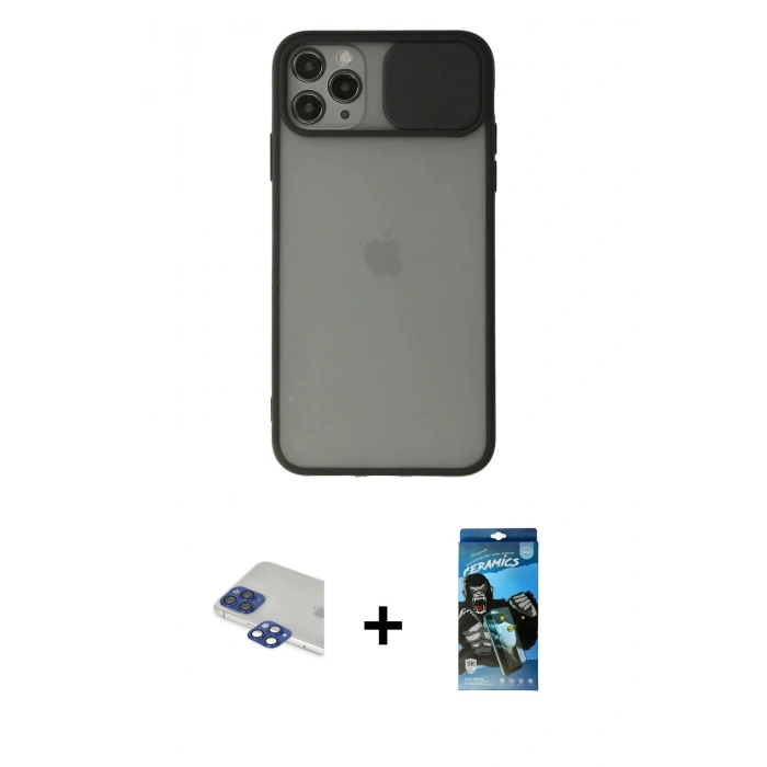 MARSİLYAN™- iPhone 11 Pro Max Kılıf Vadi Çizgi - Siyah 34D Izgaralı Cam + Pers Alüminyum Kamera Lens - LT