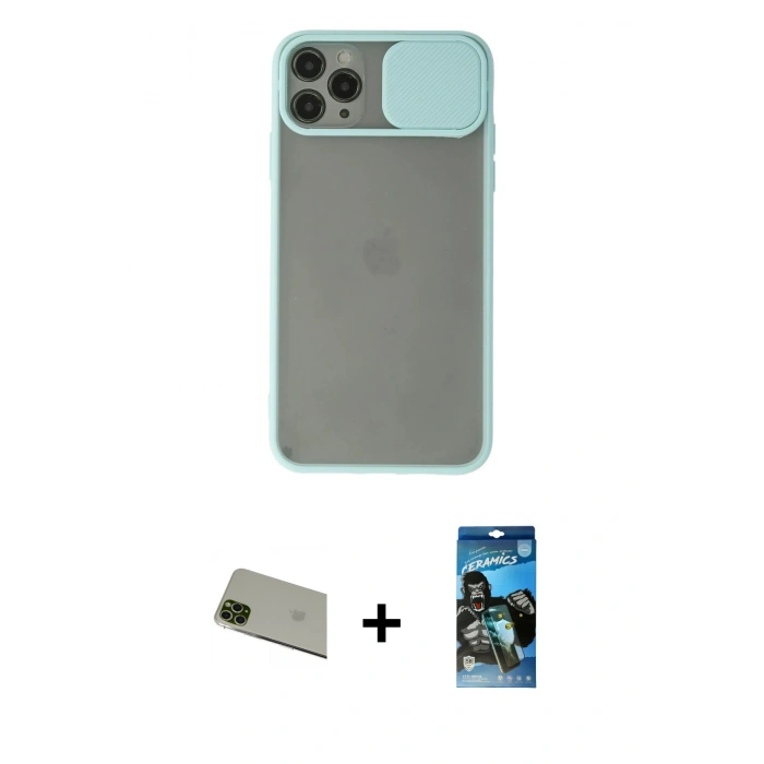 MARSİLYAN™- iPhone 11 Pro Max Kılıf Vadi Çizgi - Siyah 34D Izgaralı Cam + Rainbow Kamera Lens Koruma Cam - YL