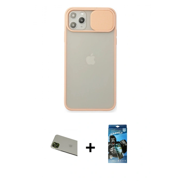 MARSİLYAN™- iPhone 11 Pro Max Kılıf Vadi Çizgi - Siyah 34D Izgaralı Cam + Rainbow Kamera Lens Koruma Cam - YL