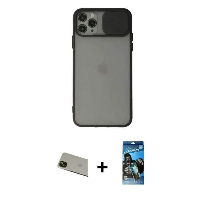 MARSİLYAN™- iPhone 11 Pro Max Kılıf Vadi Çizgi - Siyah 34D Izgaralı Cam + Rainbow Kamera Lens Koruma Cam - YL