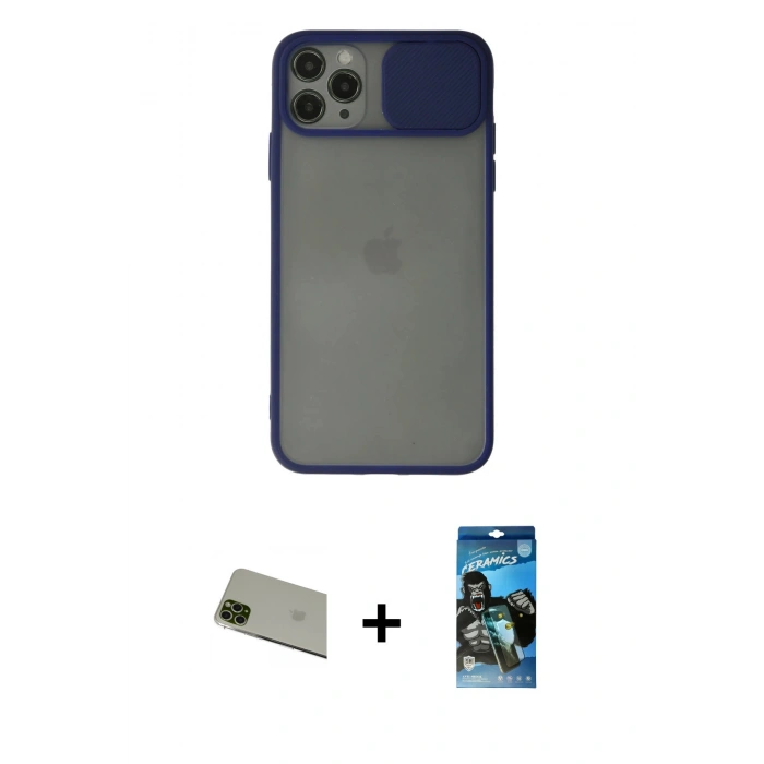 MARSİLYAN™- iPhone 11 Pro Max Kılıf Vadi Çizgi - Siyah 34D Izgaralı Cam + Rainbow Kamera Lens Koruma Cam - YL