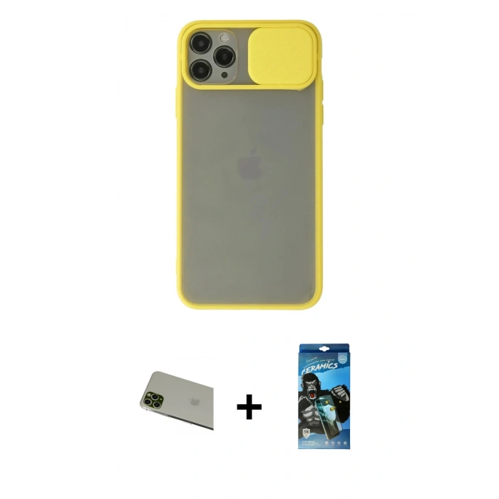 MARSİLYAN™- iPhone 11 Pro Max Kılıf Vadi Çizgi - Siyah 34D Izgaralı Cam + Rainbow Kamera Lens Koruma Cam - YL