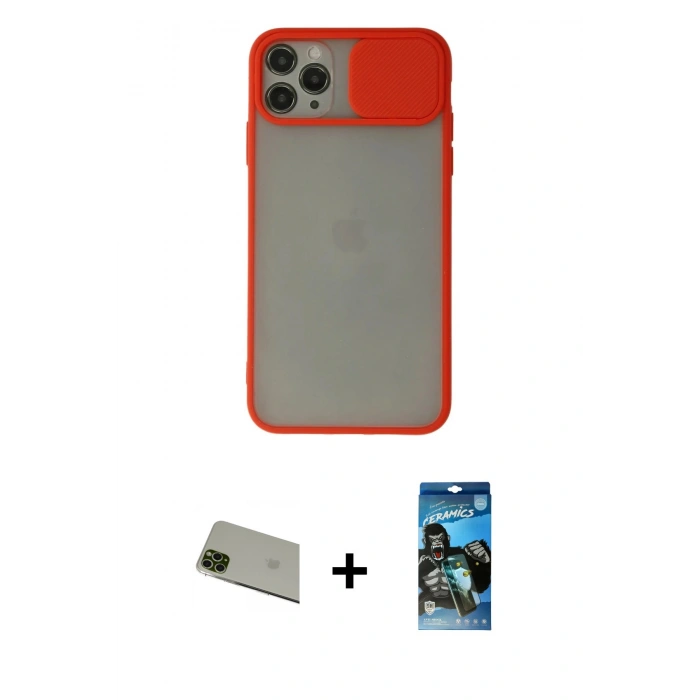 MARSİLYAN™- iPhone 11 Pro Max Kılıf Vadi Çizgi - Siyah 34D Izgaralı Cam + Rainbow Kamera Lens Koruma Cam - YL