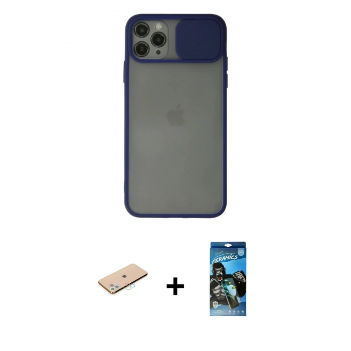 MARSİLYAN™- iPhone 11 Pro Max Kılıf Vadi Çizgi - Siyah 34D Izgaralı Cam + Renkli Kamera Lens Koruma Cam - MI