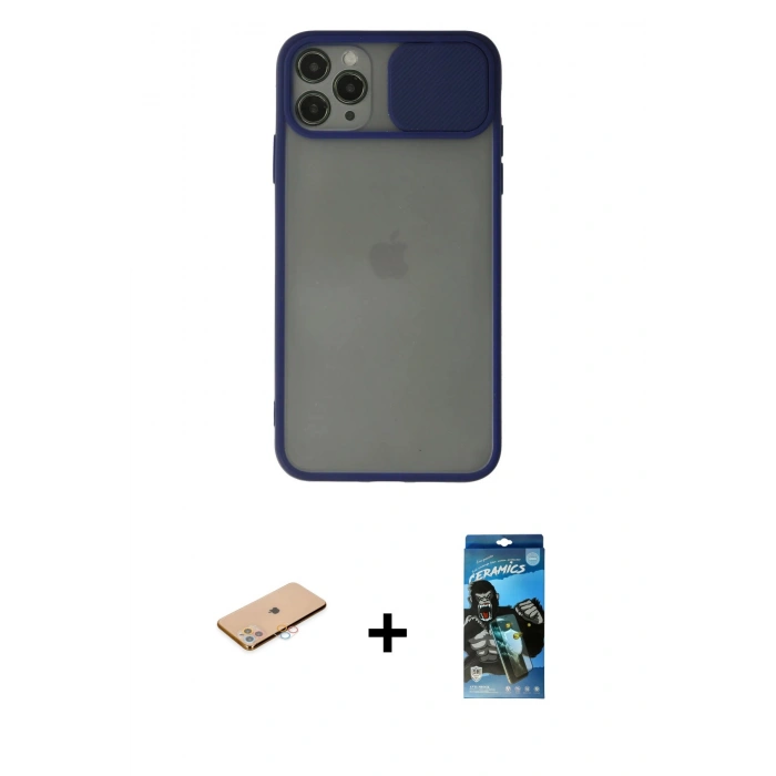 MARSİLYAN™- iPhone 11 Pro Max Kılıf Vadi Çizgi - Siyah 34D Izgaralı Cam + Renkli Kamera Lens Koruma Cam - PE