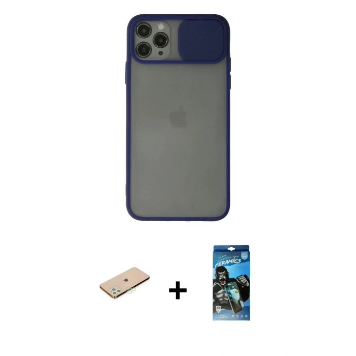 MARSİLYAN™- iPhone 11 Pro Max Kılıf Vadi Çizgi - Siyah 34D Izgaralı Cam + Renkli Kamera Lens Koruma Cam - YL