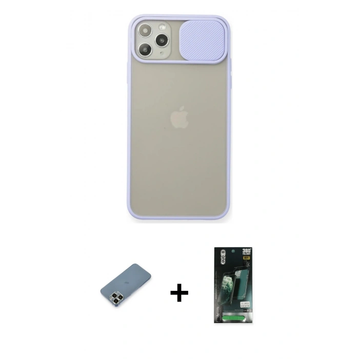 MARSİLYAN™- iPhone 11 Pro Max Kılıf Vadi Çizgi - Siyah 360 Mat Full Body Arka Koruyucu + Metal Kamera Lens Koruma Cam - AKYL