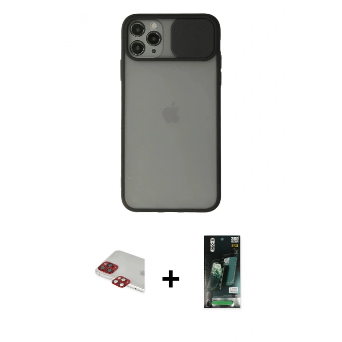 MARSİLYAN™- iPhone 11 Pro Max Kılıf Vadi Çizgi - Siyah 360 Mat Full Body Arka Koruyucu + Pers Alüminyum Kamera Lens - KI