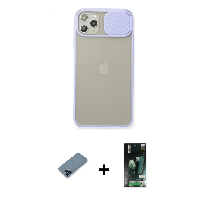 MARSİLYAN™- iPhone 11 Pro Max Kılıf Vadi Çizgi - Siyah 360 Mat Full Body Arka Koruyucu + Metal Kamera Lens Koruma Cam - MI
