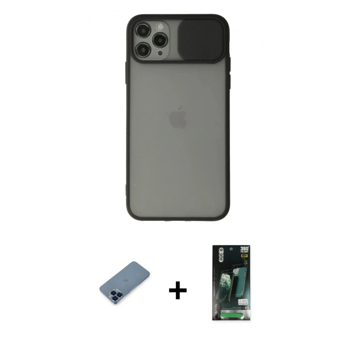 MARSİLYAN™- iPhone 11 Pro Max Kılıf Vadi Çizgi - Siyah 360 Mat Full Body Arka Koruyucu + Metal Kamera Lens Koruma Cam - MI