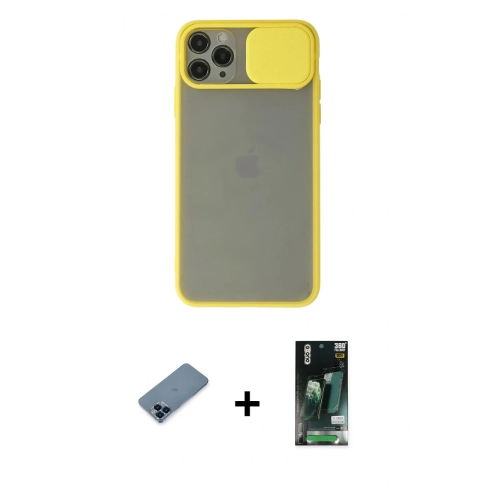 MARSİLYAN™- iPhone 11 Pro Max Kılıf Vadi Çizgi - Siyah 360 Mat Full Body Arka Koruyucu + Metal Kamera Lens Koruma Cam - MI