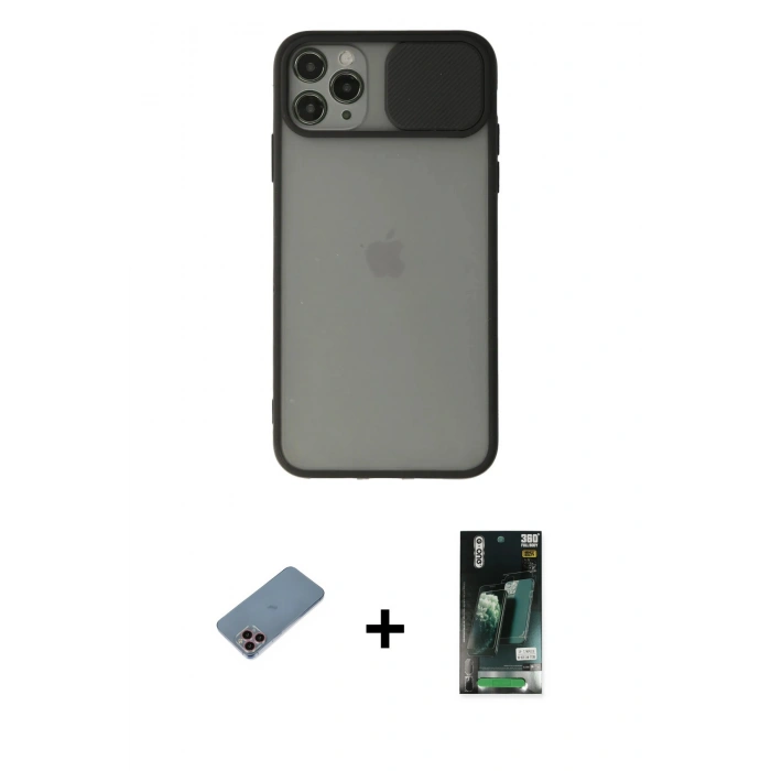 MARSİLYAN™- iPhone 11 Pro Max Kılıf Vadi Çizgi - Siyah 360 Mat Full Body Arka Koruyucu + Shine Kamera Lens Koruma Cam - PE
