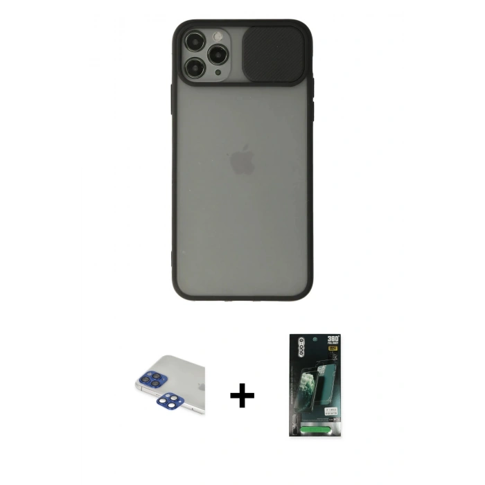 MARSİLYAN™- iPhone 11 Pro Max Kılıf Vadi Çizgi - Siyah 360 Mat Full Body Arka Koruyucu + Pers Alüminyum Kamera Lens - LT