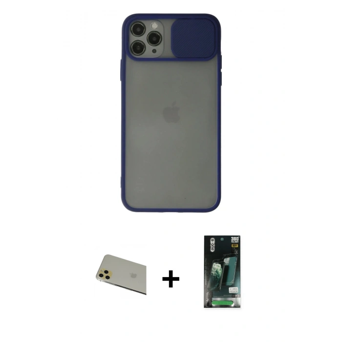 MARSİLYAN™- iPhone 11 Pro Max Kılıf Vadi Çizgi - Siyah 360 Mat Full Body Arka Koruyucu + Rainbow Kamera Lens Koruma Cam - GD