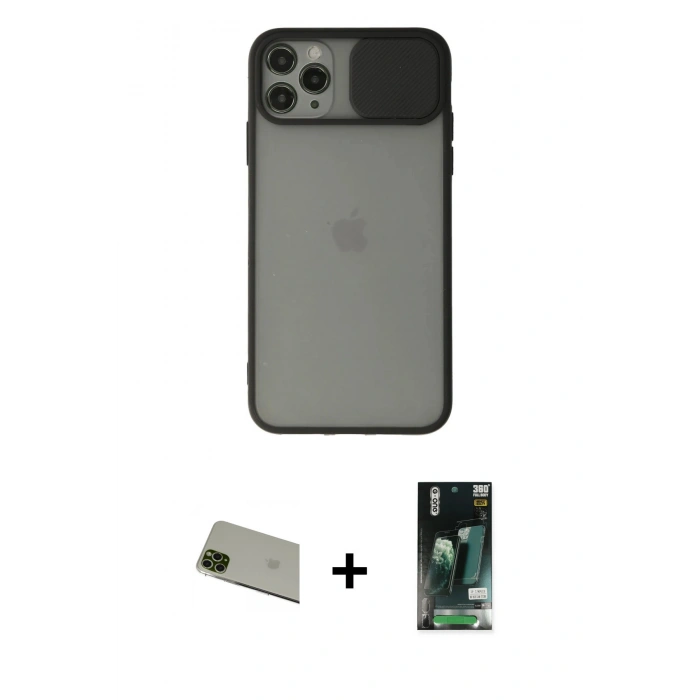 MARSİLYAN™- iPhone 11 Pro Max Kılıf Vadi Çizgi - Siyah 360 Mat Full Body Arka Koruyucu + Rainbow Kamera Lens Koruma Cam - YL